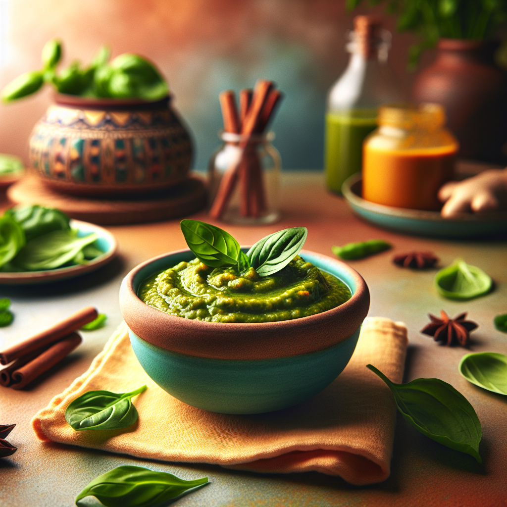 Une jolie scène de nourriture pour bébé montrant une purée d'épinards colorée avec des feuilles de basilic et de coriandre, et une petite pincée de cannelle, le tout présenté dans un mignon bol pour bébé.