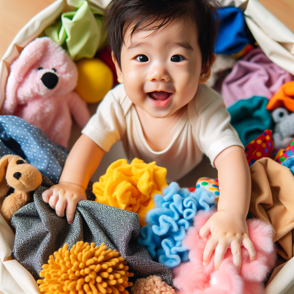 Un bébé explore divers tissus texturés et sacs sensoriels colorés, souriant et intrigué par les différentes sensations.