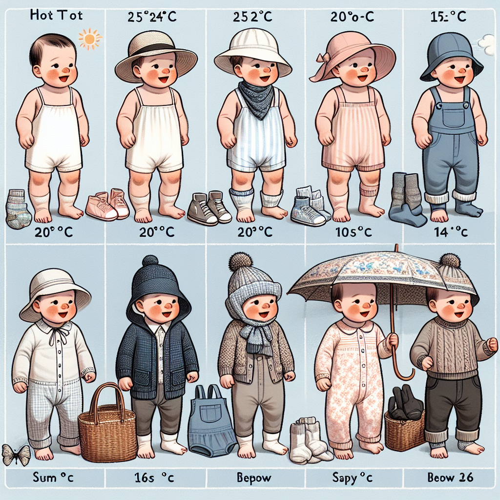 Un bébé avec différentes tenues basées sur les températures extérieures variées: une combinaison légère pour les jours chauds, un body à manches courtes et pantalon léger pour 20°C à 24°C, body à manches longues et salopette pour 15°C à 19°C, et vêtements plus chauds pour les jours plus frais.