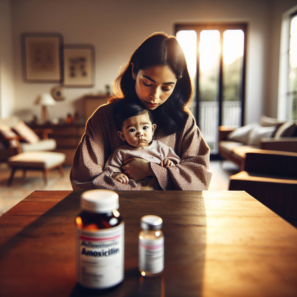 Une jeune maman tenant son bébé avec des bouteilles d'amoxicilline et de Doliprane à côté d'eux, dans un environnement domestique chaleureux