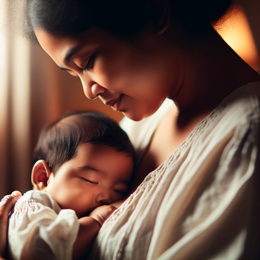 Une mère allaitant son bébé dans un environnement calme et serein, avec un gros plan du bébé qui s'accroche et se détache doucement.