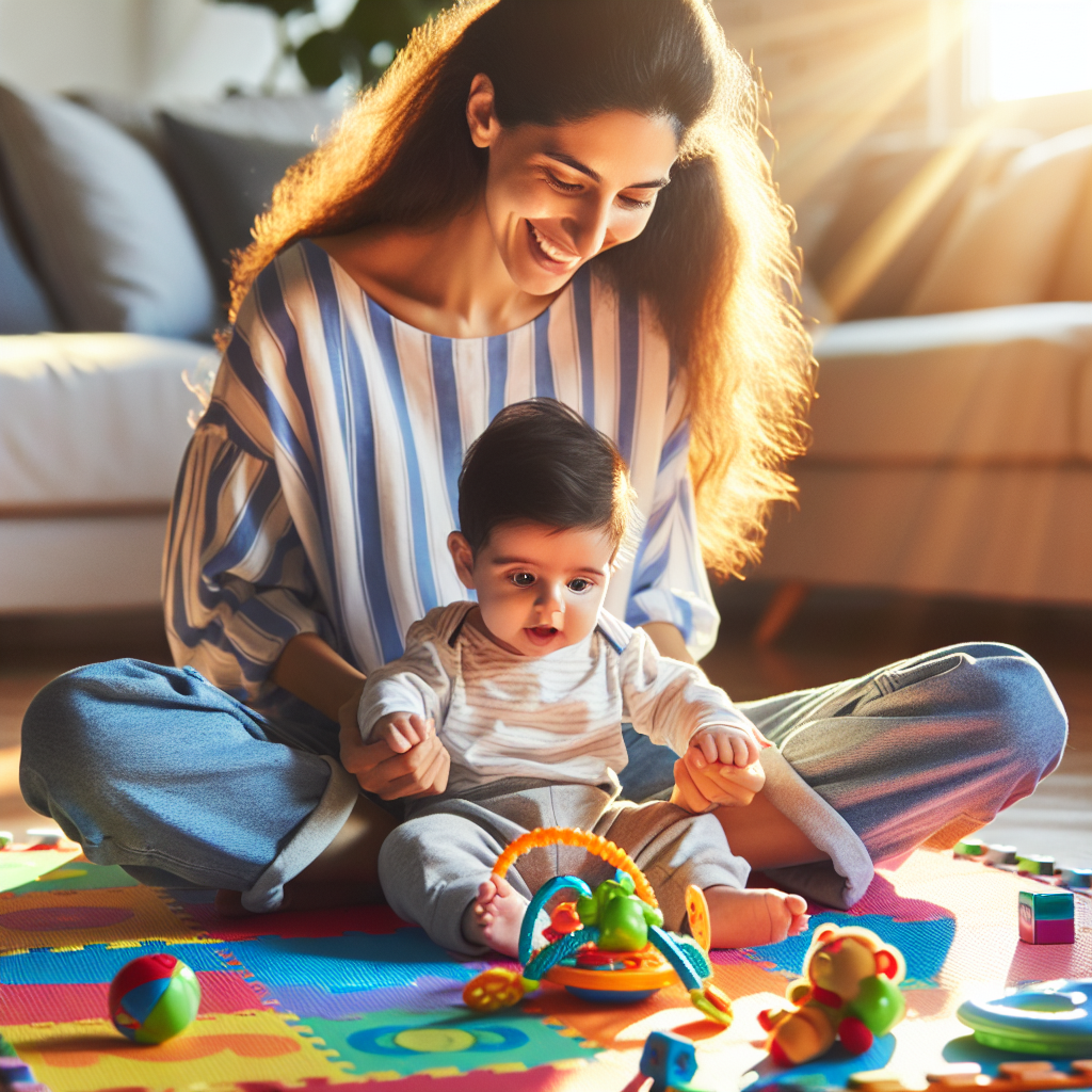 Maman jouant avec son bébé de 4 mois sur un tapis coloré avec des jouets divers.