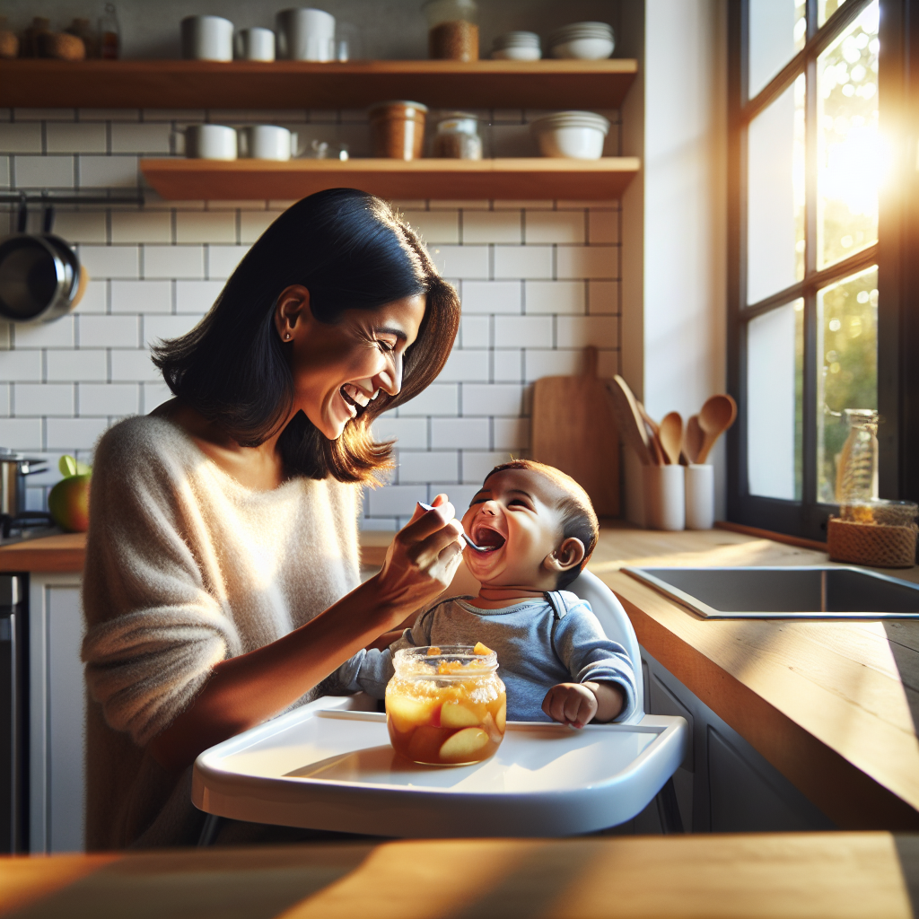 Une mère nourrissant son bébé avec de la compote de pomme faite maison.