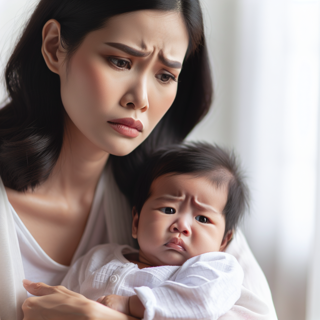 Une maman inquiète tenant doucement un bébé avec une expression préoccupée, le bébé montrant des signes d'inconfort, fond lumineux et propre.