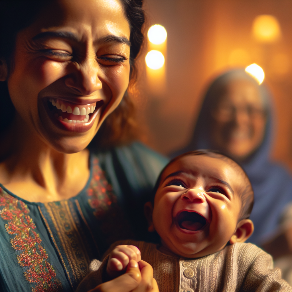 Bébé heureux disant 'maman' pour la première fois, avec une mère souriante et émue.