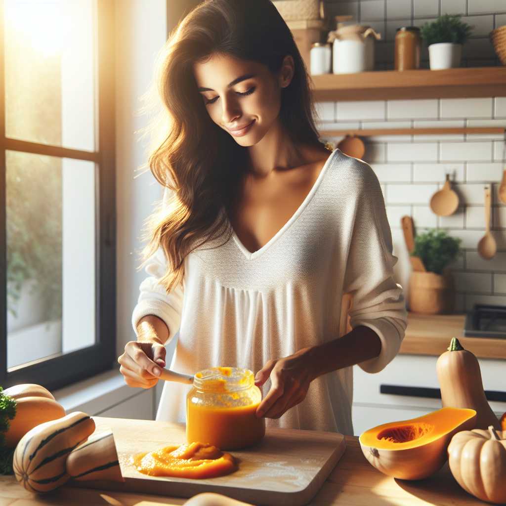 Une jeune mère préparant une purée de butternut pour son bébé dans une cuisine chaleureuse.