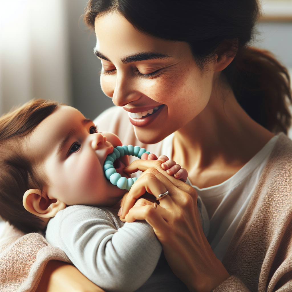 Une mère réconfortant son bébé avec un anneau de dentition froid