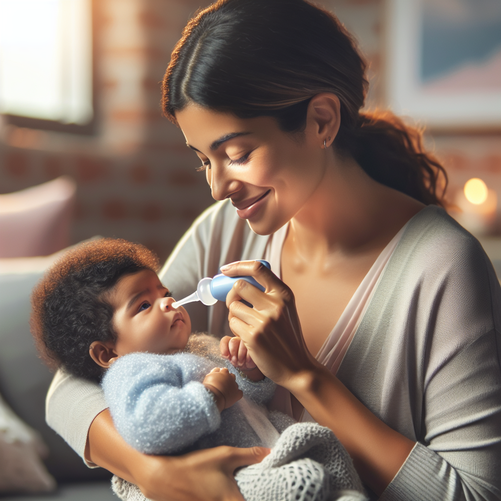 Un parent nettoie délicatement le nez d'un bébé avec un aspirateur nasal dans un cadre chaleureux et apaisant.