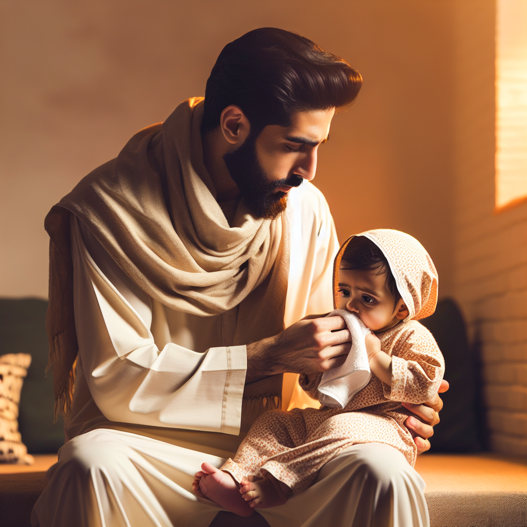 Un parent inquiet essuie doucement la bouche d'un bébé avec une serviette douce, alors que le bébé est assis calmement. La scène montre une interaction aimante et patiente dans un environnement domestique convivial.