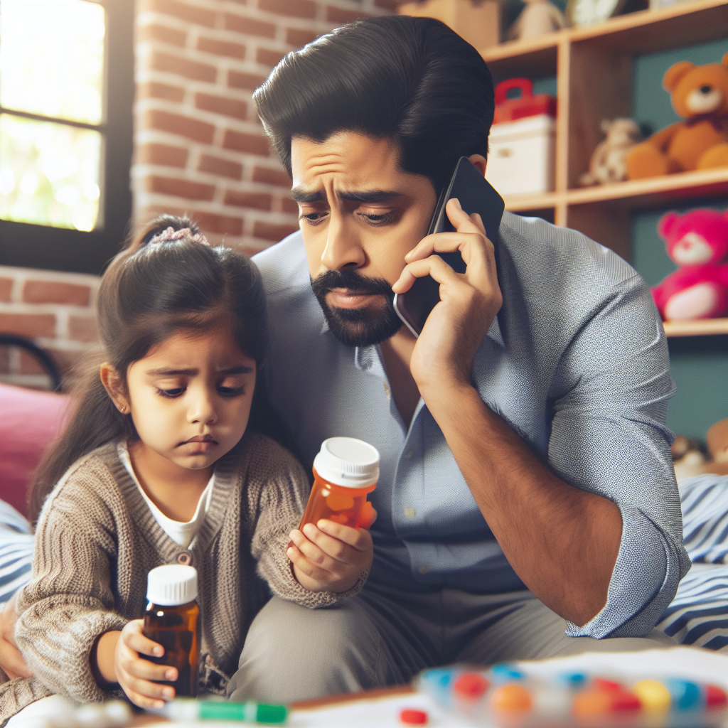 Un parent inquiet soignant un enfant fiévreux à la maison, en consultant un médecin par téléphone et tenant une bouteille de médicament.