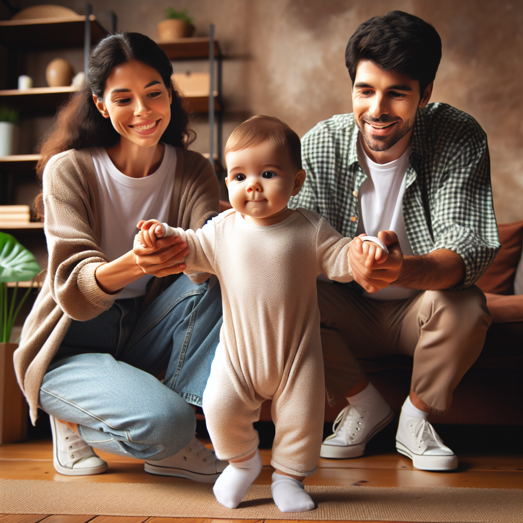 Bébé faisant ses premiers pas avec des parents encourageants à proximité dans un salon