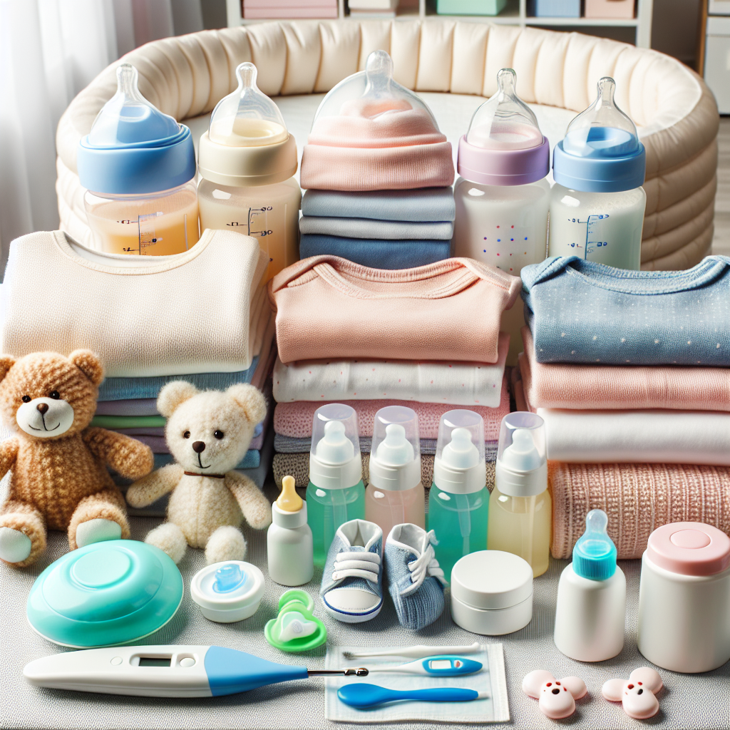 Sélection de produits essentiels pour bébé comprenant des biberons, des vêtements, des jouets, un matelas pour bébé et des produits de toilette.