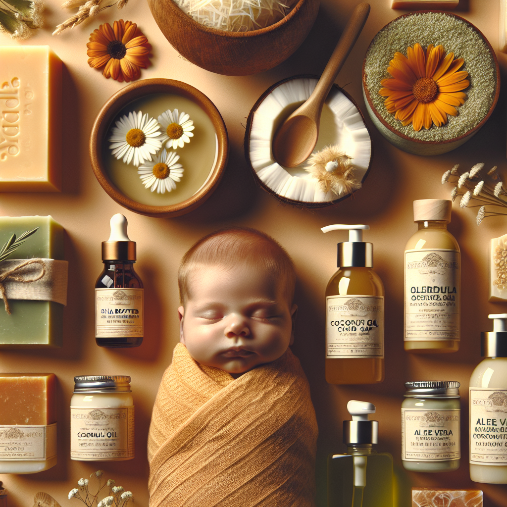 Différents produits de soin pour la peau de bébé incluant du savon au beurre de karité, du savon à l'huile de noix de coco, des produits au calendula, à l'avoine et à l'aloès vera et huile d'olive.