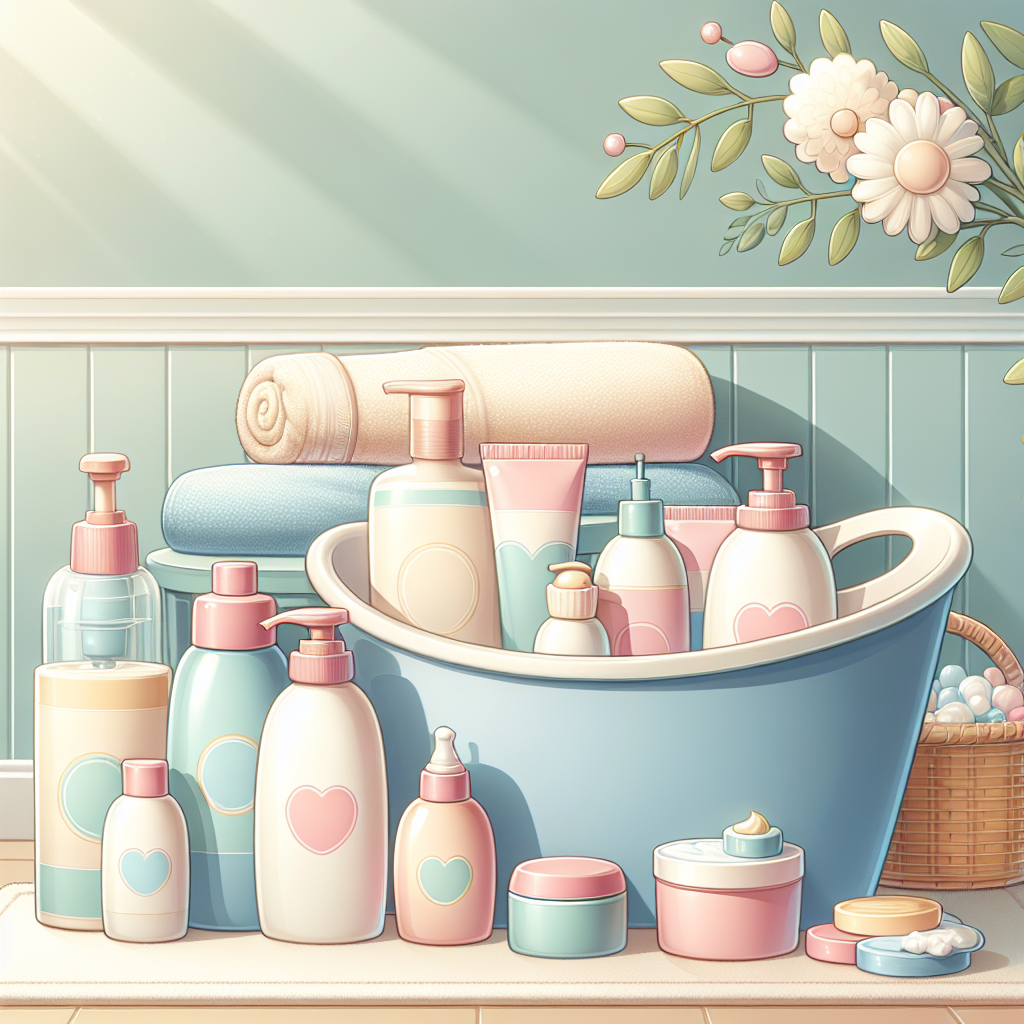 Illustration de produits de toilette pour bébé de marques populaires comme Biolane, Mustela et Weleda, dans une salle de bain propre et accueillante avec des couleurs douces et un éclairage doux.