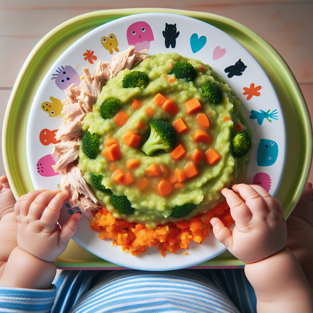 Purée de brocoli mélangée à des carottes, du poulet et de la compote de pommes sur une assiette d'enfant avec les mains du bébé qui se tendent vers elle.