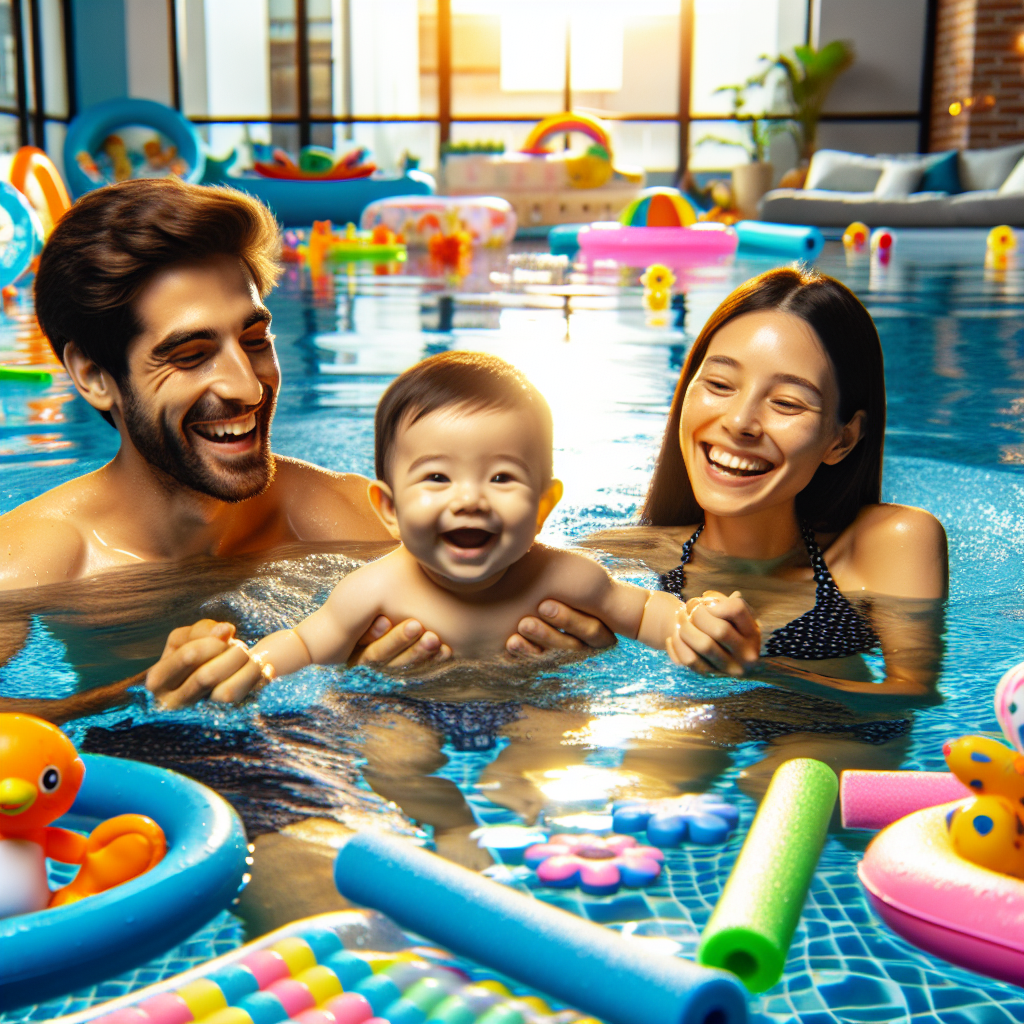 Séance de bébé nageur avec des parents souriants et des jouets aquatiques colorés dans une piscine intérieure.