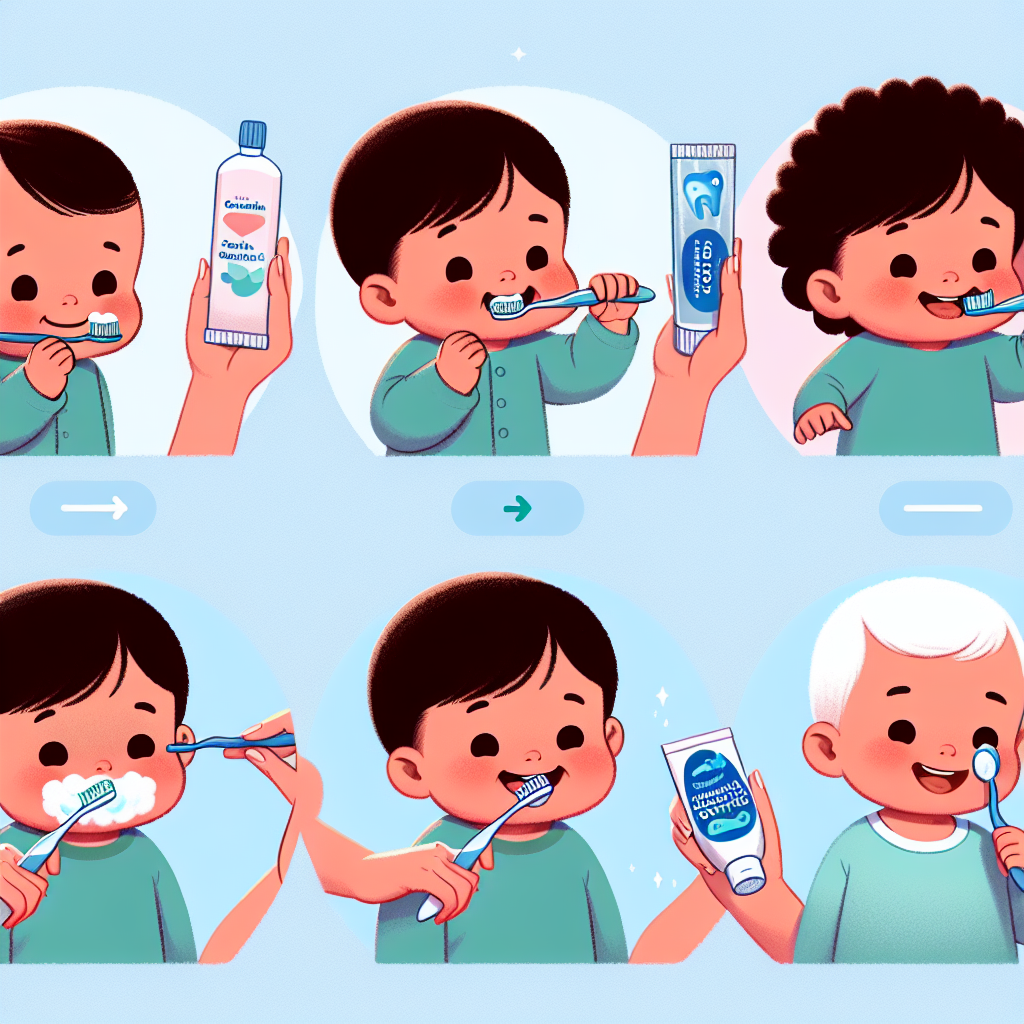 Scène montrant les étapes de soin dentaire pour différents âges d'enfants : un bébé avec une brosse à dents douce et une petite quantité de dentifrice, un enfant d'un an avec un dentifrice spécial enfants et plus de dents, et un enfant de deux ans apprenant à rincer après le brossage avec un dentifrice fluoré.