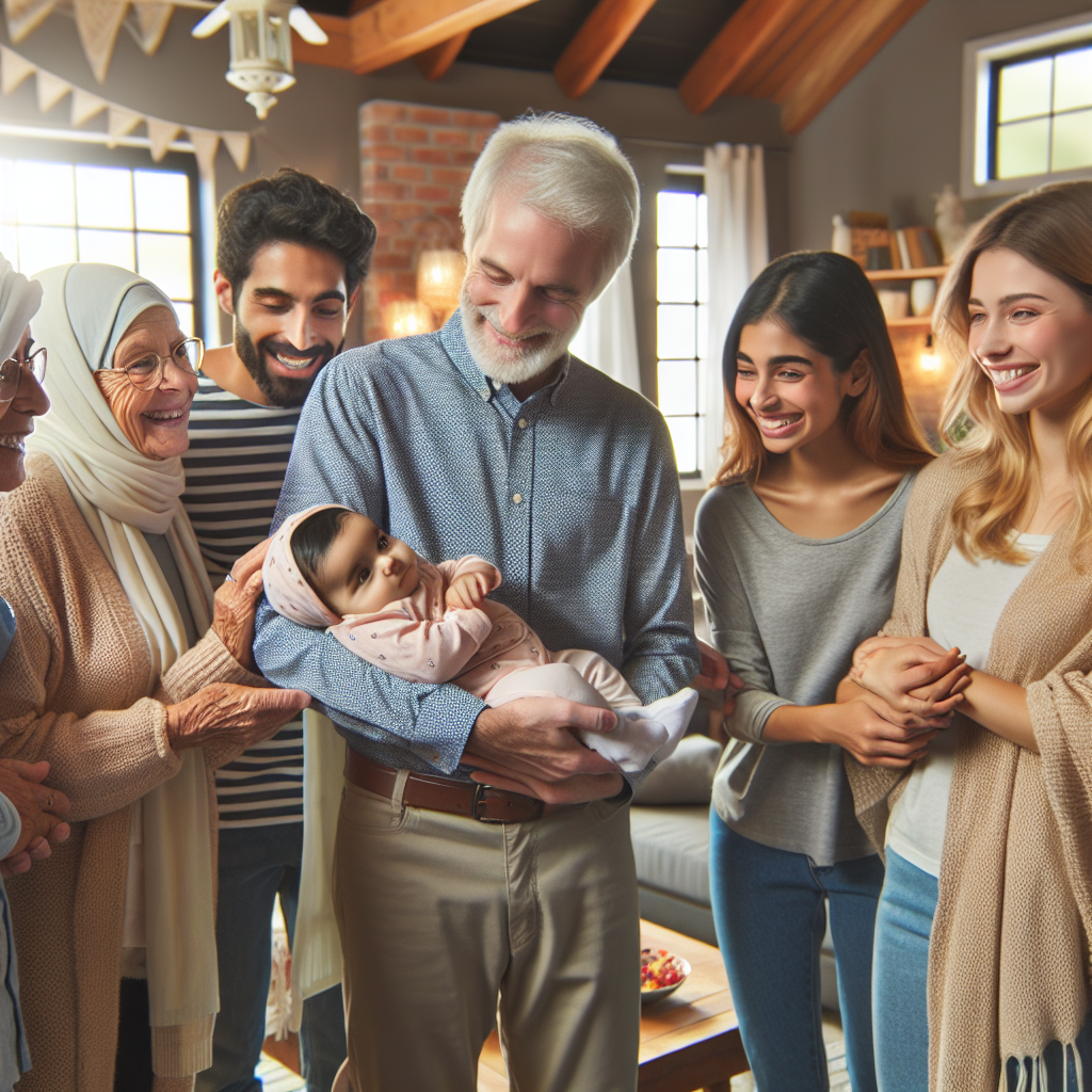 Une famille solidaire avec des grands-parents tenant un bébé, des parents et des amis réunis, partageant des sourires et du soutien émotionnel, dans un cadre de maison chaleureux.