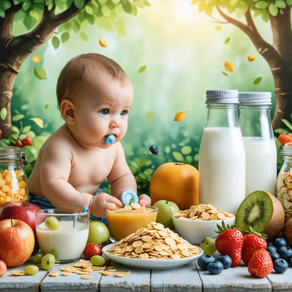 Un bébé explore divers aliments, y compris des bouteilles de lait, des fruits et des céréales, dans un cadre apaisant et naturel.