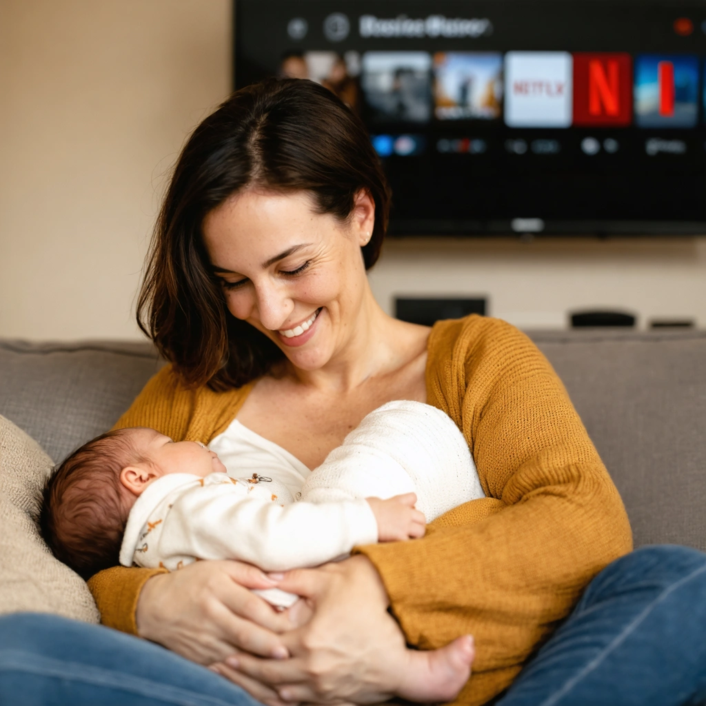 Une mère allaite tendrement son bébé dans un salon confortable, avec une télévision en fond montrant une série Netflix.