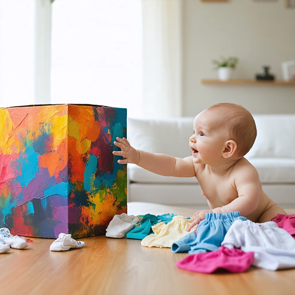 Un bébé nouveau-né tendant la main vers une œuvre d'art abstraite faite d'une boîte de mouchoirs colorée, avec des vêtements de bébé éparpillés autour.