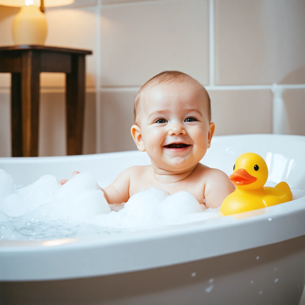 Un bébé souriant dans une petite baignoire remplie d'eau tiède, accompagné de bulles et d'un canard en caoutchouc jaune flottant à proximité, le tout dans une salle de bain chaleureuse et accueillante.