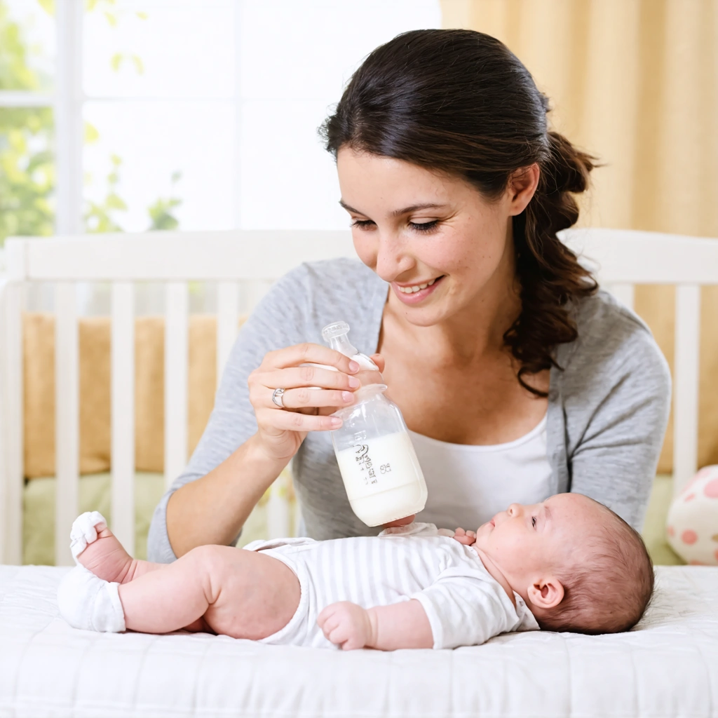 Une mère nourrissant son bébé de 1 mois avec un biberon de 150 ml