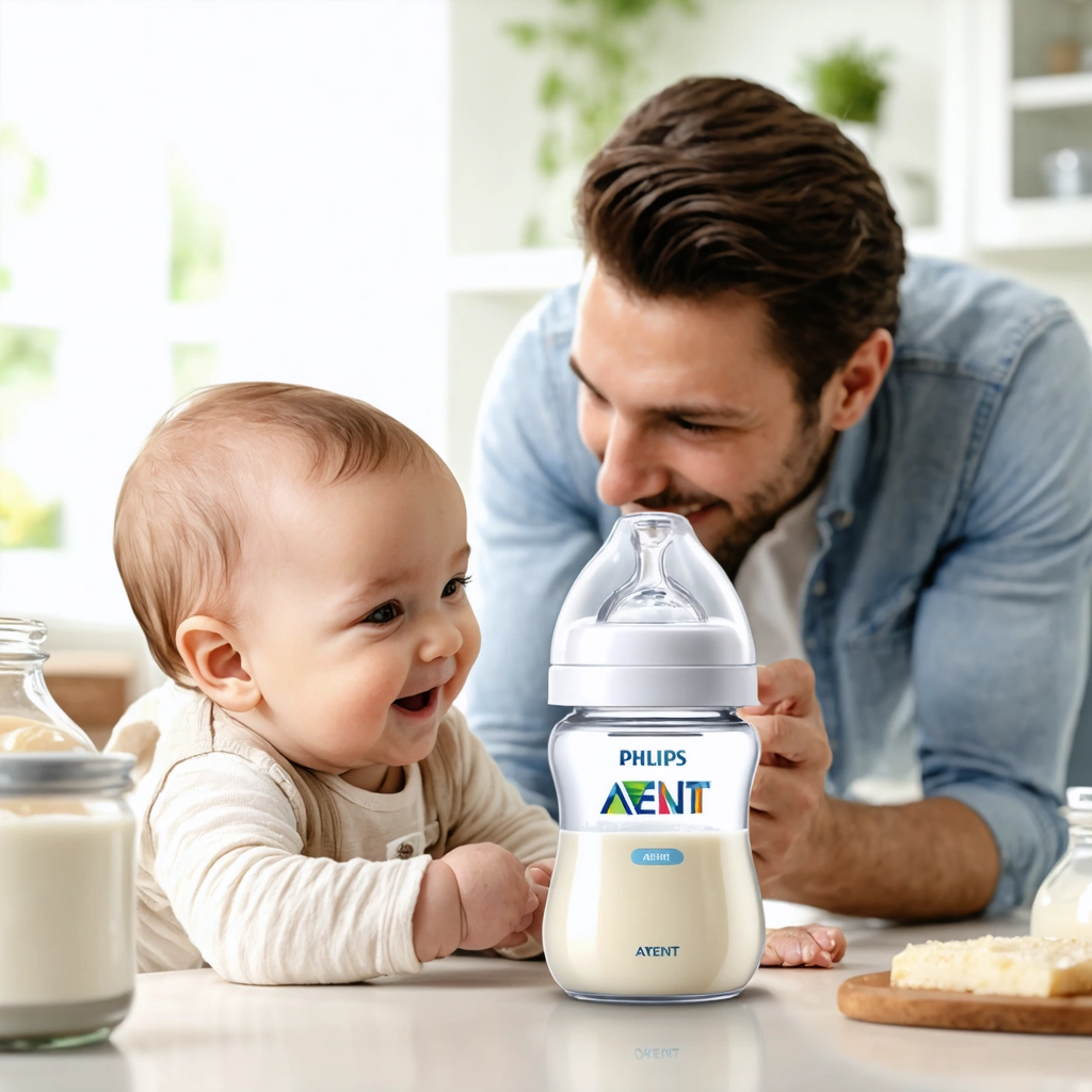 Un bébé utilisant un biberon Philips Avent avec du lait épaissi, souriant et confortable dans une cuisine lumineuse.