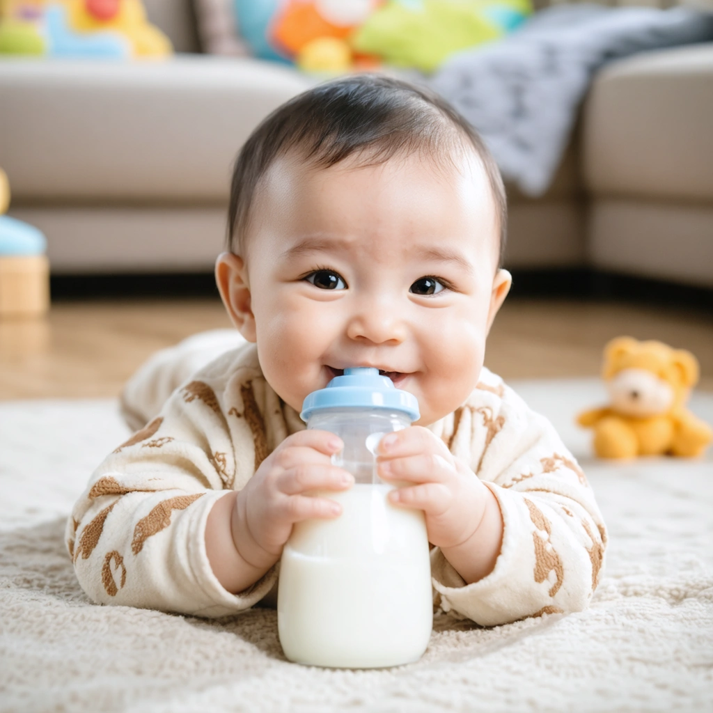 Un bébé heureux buvant un biberon de lait dans un cadre douillet