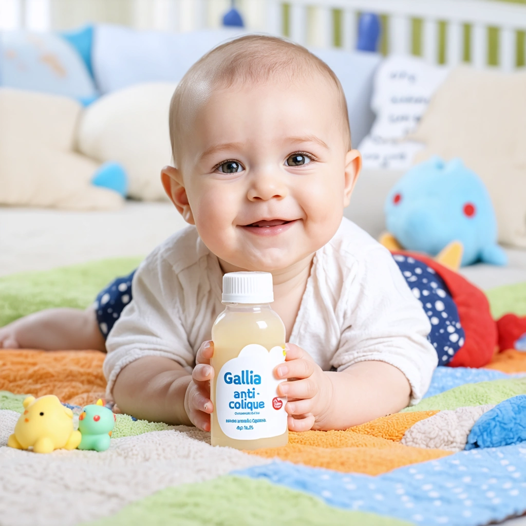 Un bébé apaisé tenant un biberon marqué Gallia anti-colique, allongé sur une couverture colorée avec des jouets autour.