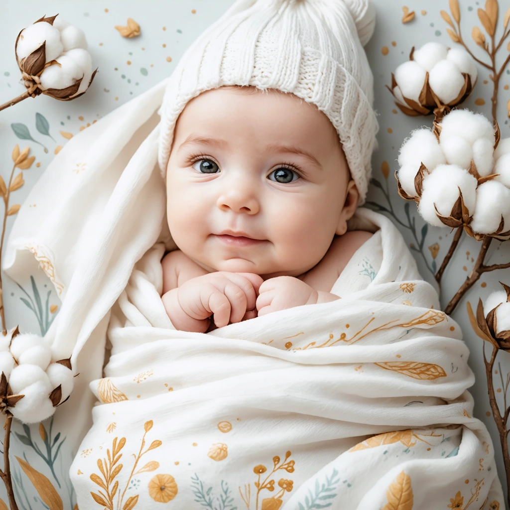 Un bébé enveloppé dans un tissu en coton doux avec des motifs amusants, entouré d'éléments de la nature pour illustrer la douceur et le charme naturel du coton.