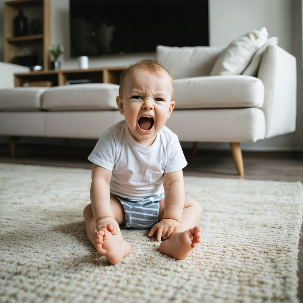 Un bébé de 16 mois faisant une crise avec une touche humoristique dans un salon confortable