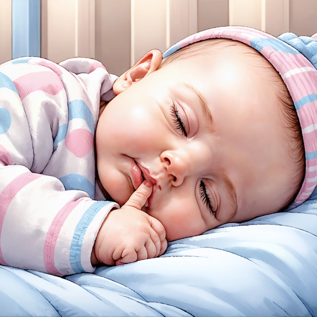 Un bébé dormant paisiblement avec son pouce dans la bouche sur un lit aux couleurs pastel.