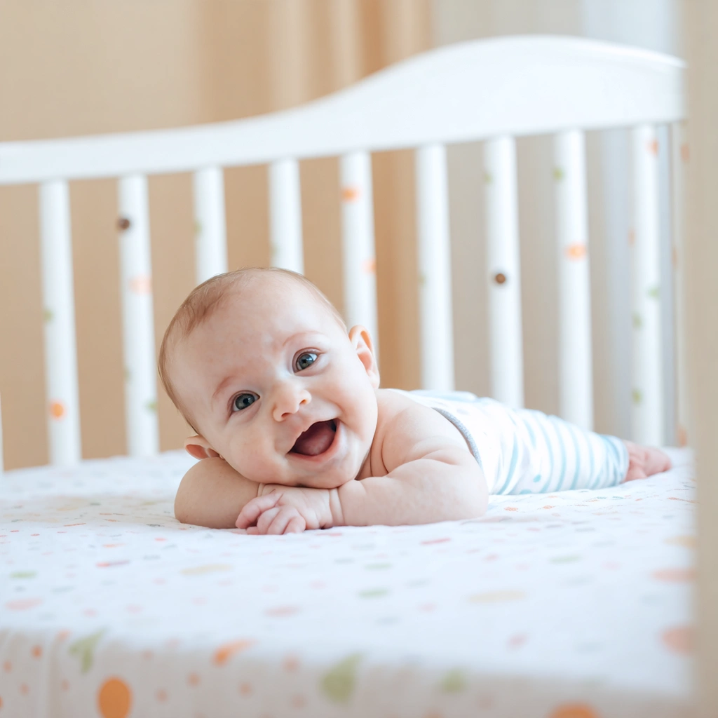 Un bébé curieux dans un berceau tournant sa tête de gauche à droite avec un regard joueur.