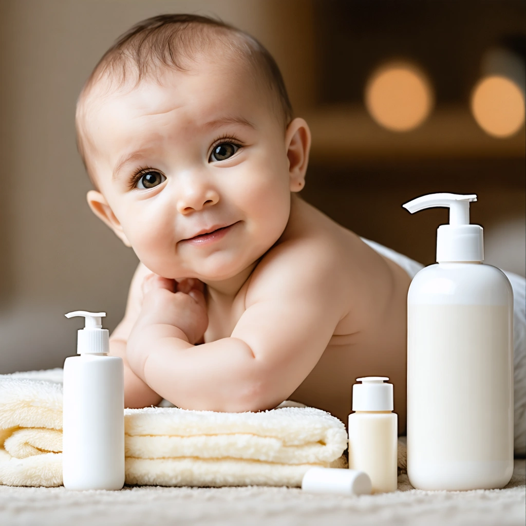 Un bébé adorable avec une petite fossette sur le bas du dos ornée de fins poils doux, accompagné de produits de soin pour bébé, illustrant une routine de soins douce et affectueuse.