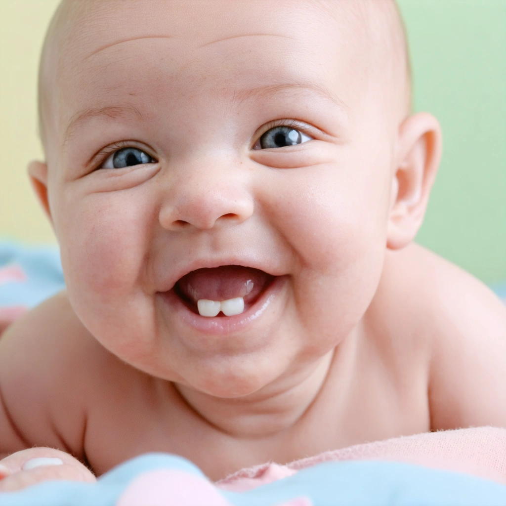 Un bébé de deux mois avec des gencives blanches souriant.