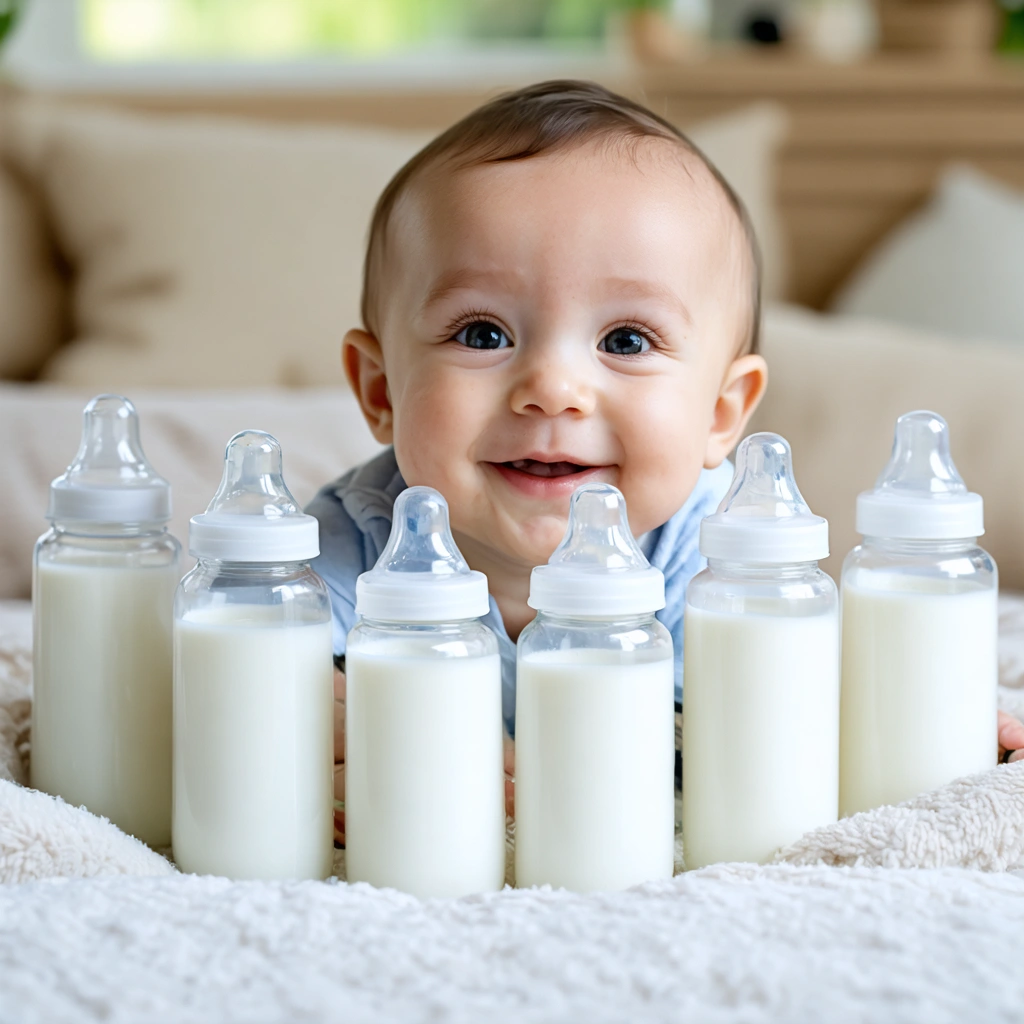 Un bébé souriant entouré de six petits biberons remplis de 150 ml de lait, dans un environnement apaisant.