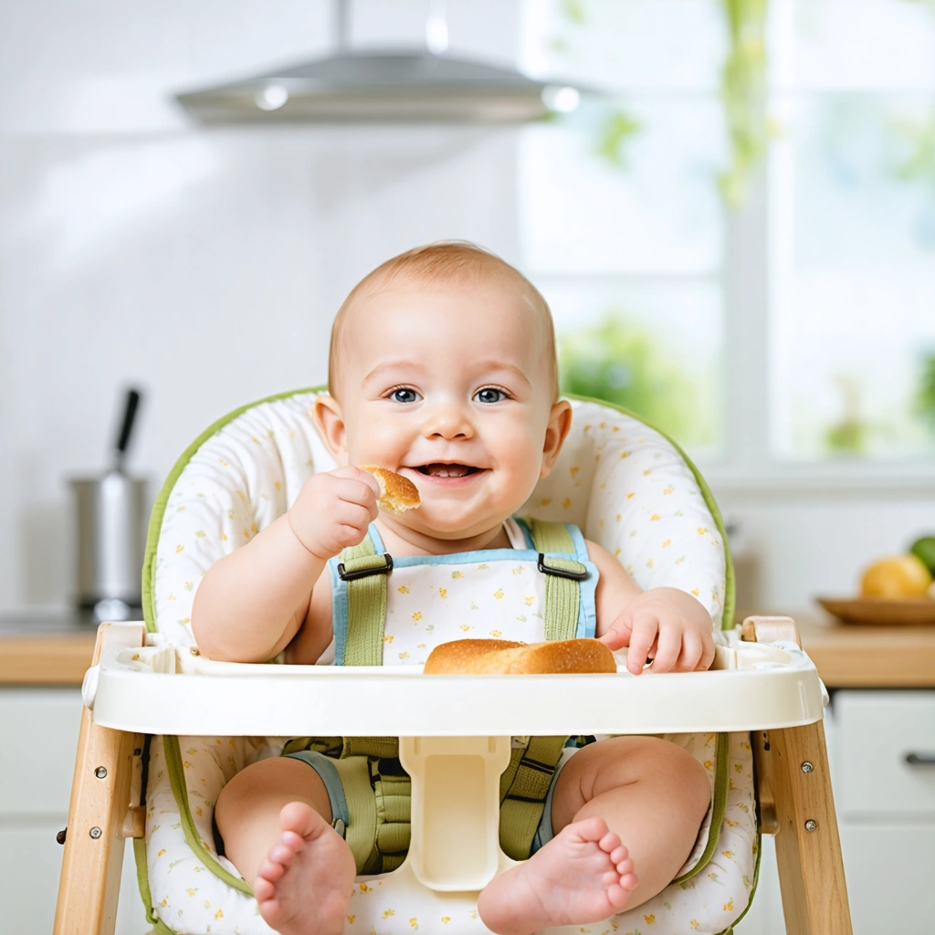 Un bébé souriant assis sur une chaise haute tenant un morceau de pain