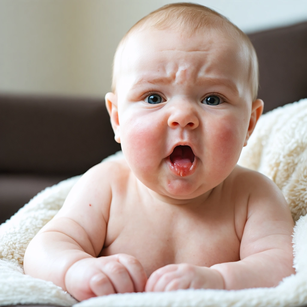 Un bébé joufflu avec les joues rouges et une expression pensive, bave légèrement, dans un salon confortable.