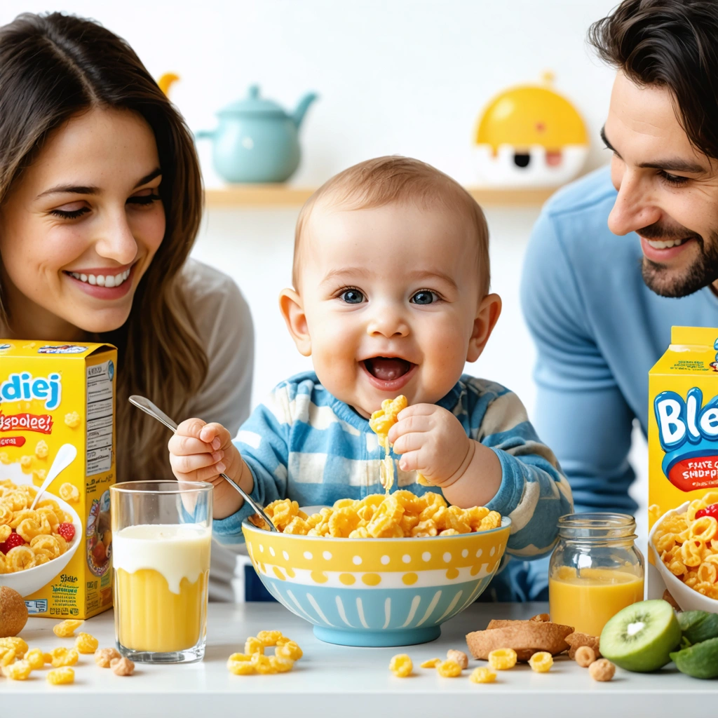 Bébé prenant son petit-déjeuner avec des céréales et ses parents souriants