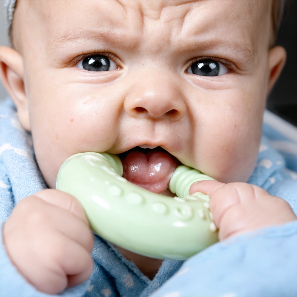 Un bébé en pleine poussée dentaire, le visage rougi, mordillant un anneau de dentition refroidi.