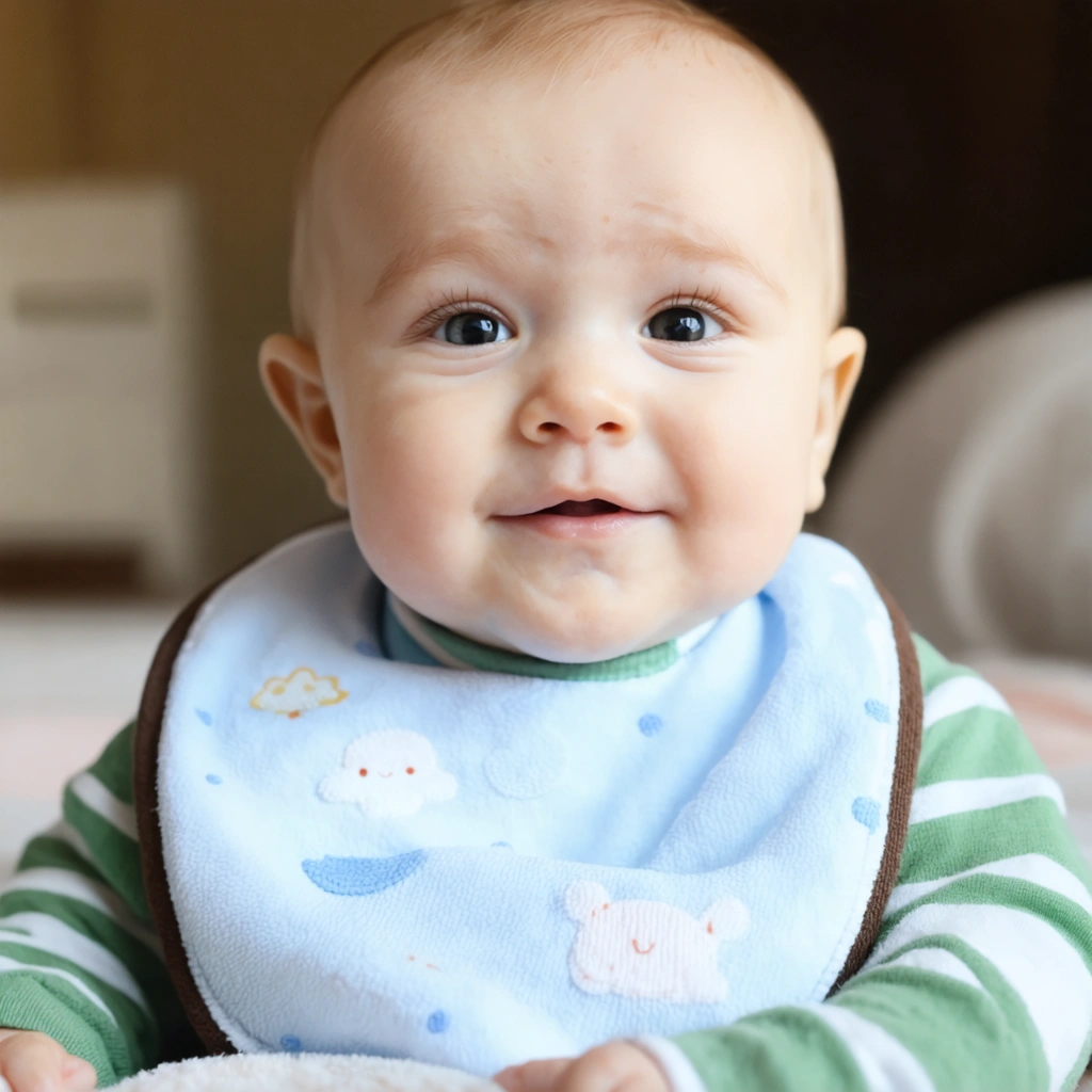 Un bébé mignon avec un regard espiègle, portant un bavoir, au moment d'une légère régurgitation de lait avec un rot, entouré d'une pièce chaleureusement éclairée et confortable.