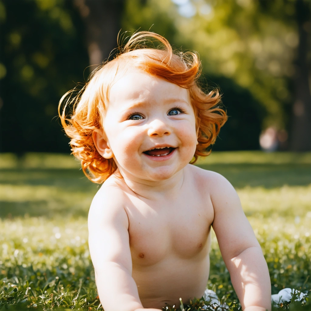 Un bébé roux jouant sous le soleil, montrant sa chevelure orange éclatante et sa peau claire.