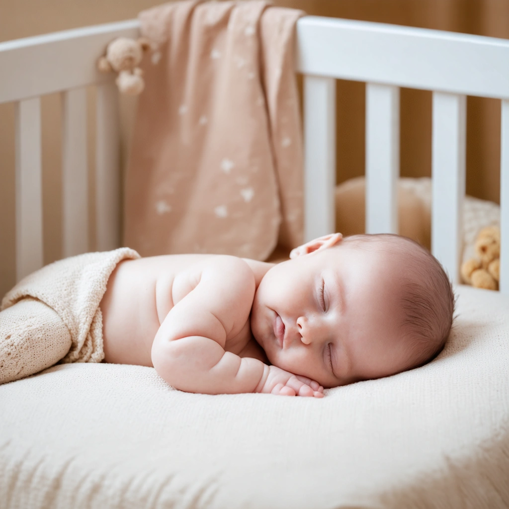 Un bébé paisiblement endormi dans une chambre douillette et sereine, éclairée doucement pour créer une atmosphère chaleureuse et apaisante.