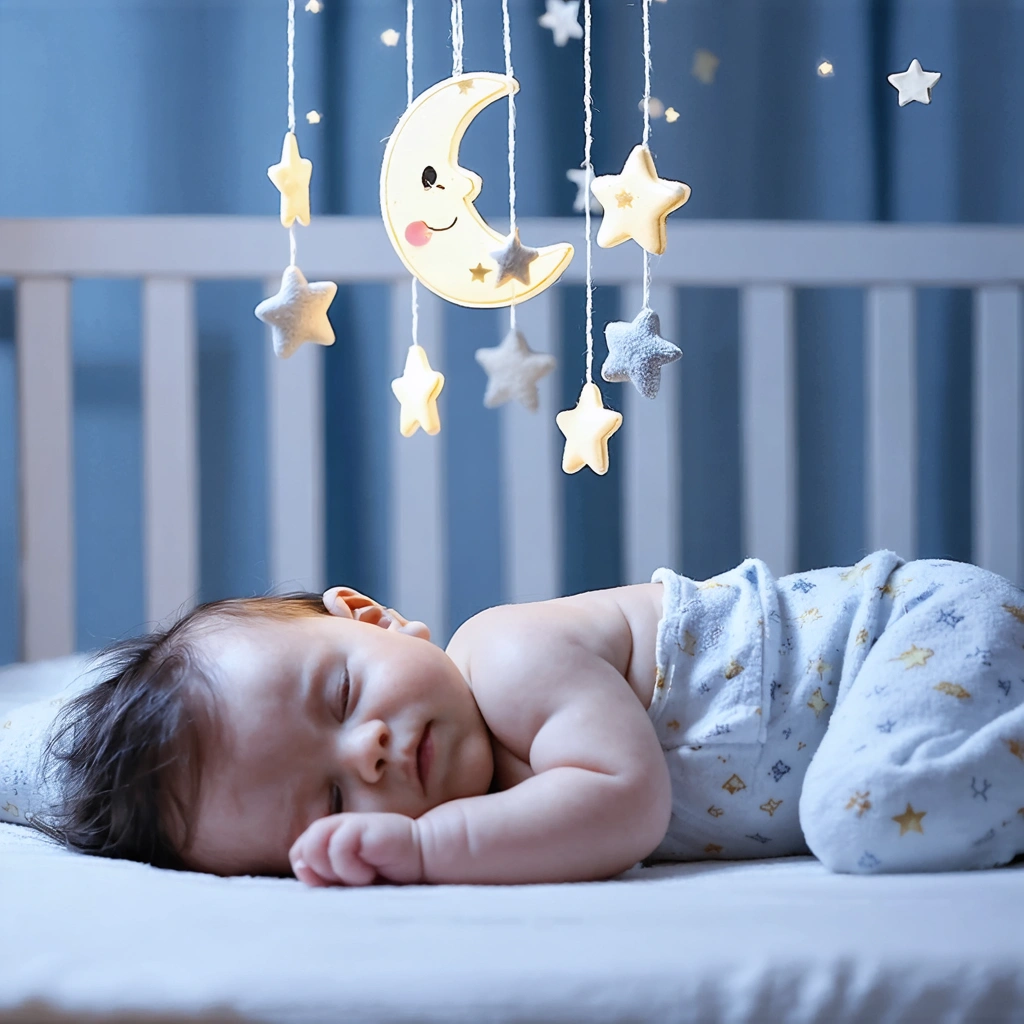 Un bébé dormant paisiblement dans un lit d'enfant avec un mobile de lune et d'étoiles