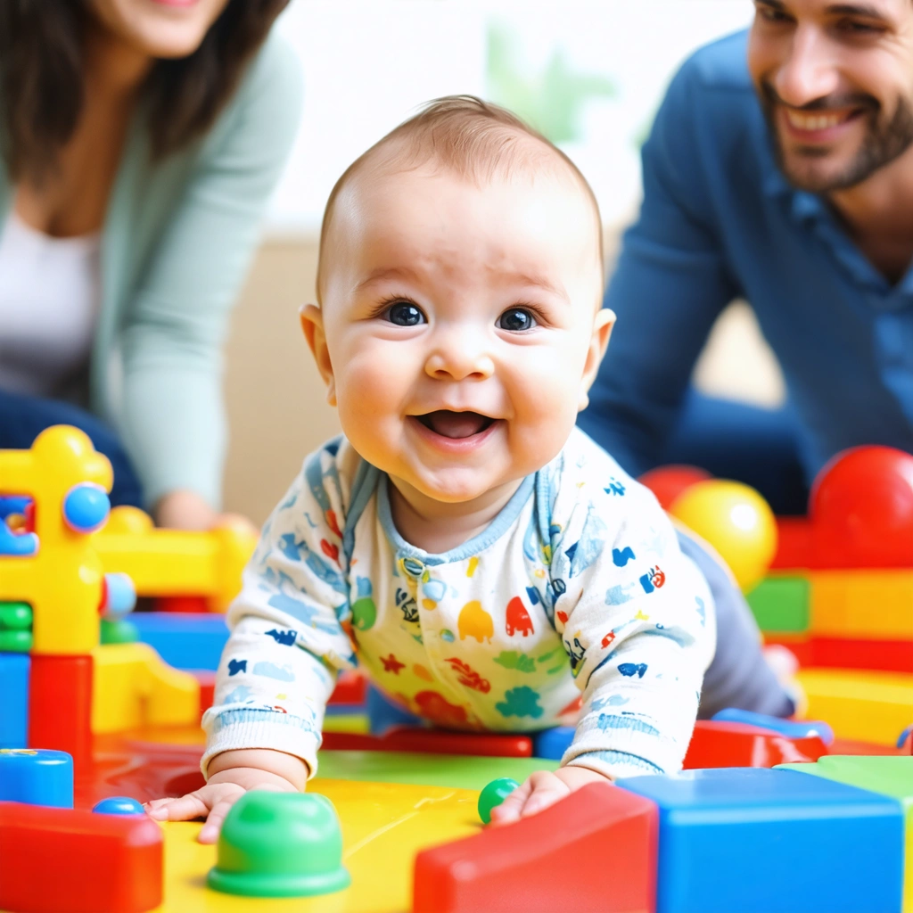 Bébé de six mois souriant en jouant dans une salle de jeux colorée entouré de jouets.