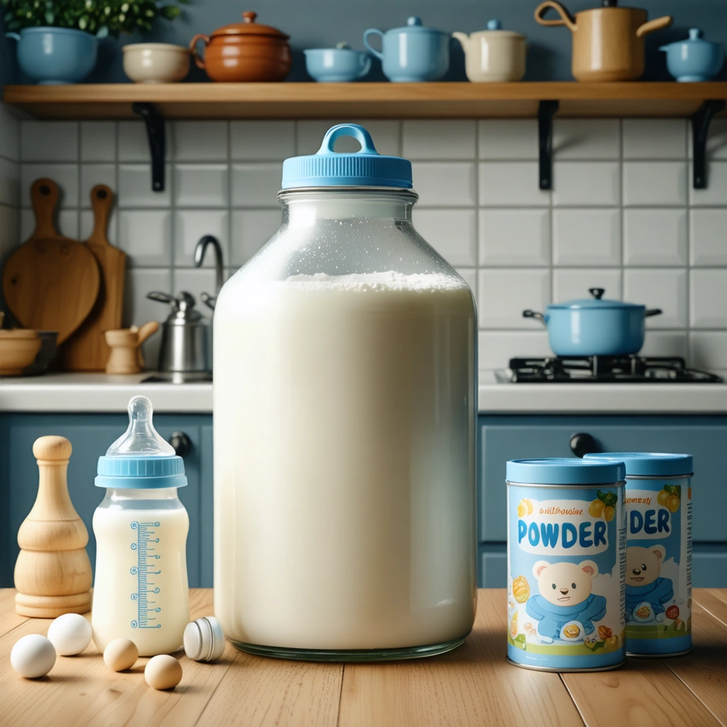 Un biberon à côté d'une boîte de lait en poudre, avec d'autres boîtes autour, sur une table de cuisine chaleureuse.