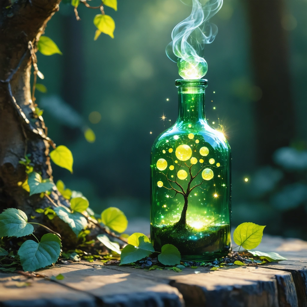 Une bouteille d'elixir magique sur une table en bois, entourée de feuilles, dégageant une aura mystérieuse et féérique pour aider un enfant à dormir.