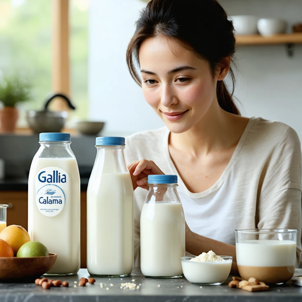 Une mère choisissant soigneusement entre différentes boîtes de lait infantile dans une cuisine confortable, avec un décor chaleureux et doux.