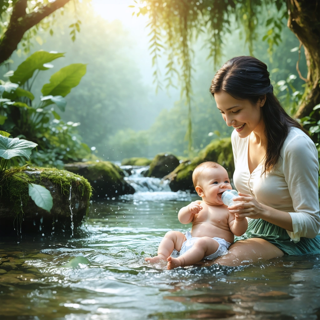 Un paysage tranquille avec une mère nourrissant son bébé, symbolisant pureté et apaisement.